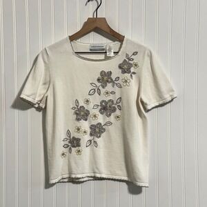 Alfred Dunner PM Cream Floral Embroidered Sweater Short Sleeve Ramie Cotton